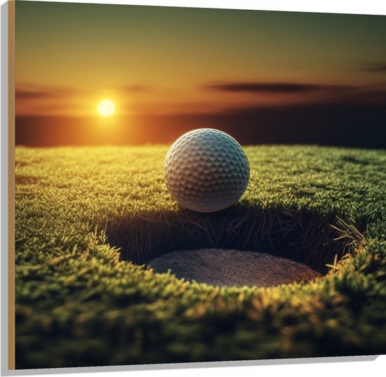 Hout - Golf - Golfbal - Zonsondergang - 100x100 cm - 9 mm dik - Foto op Hout (Met Ophangsysteem)