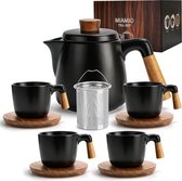 Miamio - 1000 ml keramische theepot set met thee-ei en kopjes/theezeef, 4 keramische thee mokken (300 ml), bamboe schotels/handvat voor thuis en kantoor (Zwarte)