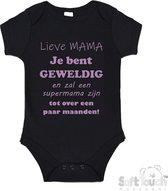 100% katoenen Romper "Lieve MAMA je bent geweldig en zal een supermama zijn. Tot over een paar maanden!" Meisjes Katoen Zwart/lila Maat 56/62