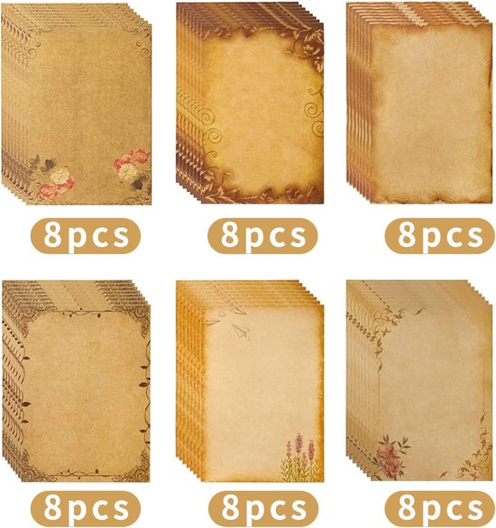50 stuks vintage briefpapier en 16 stuks bruine enveloppen en 18