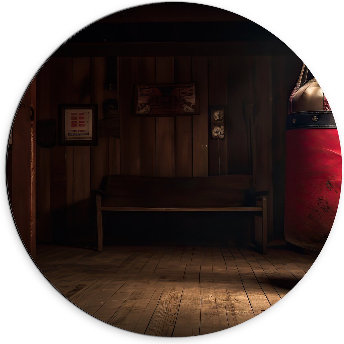Dibond Muurcirkel - Kamer - Bokszak - Palen - Sporten - Hout - 70x70 cm Foto op Aluminium 