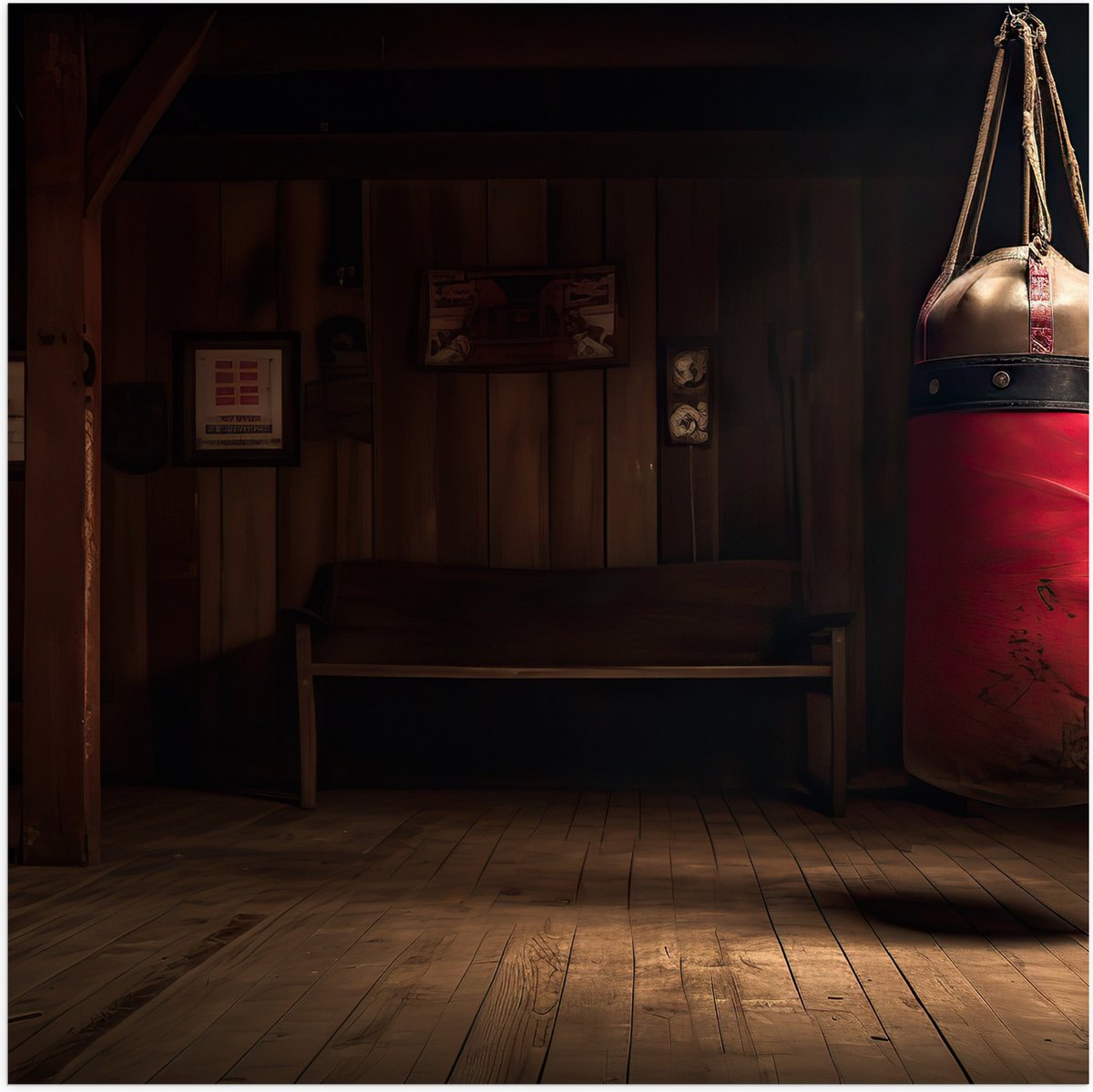 Poster Glanzend – Kamer - Bokszak - Palen - Sporten - Hout - 50x50 cm Foto op Posterpapier