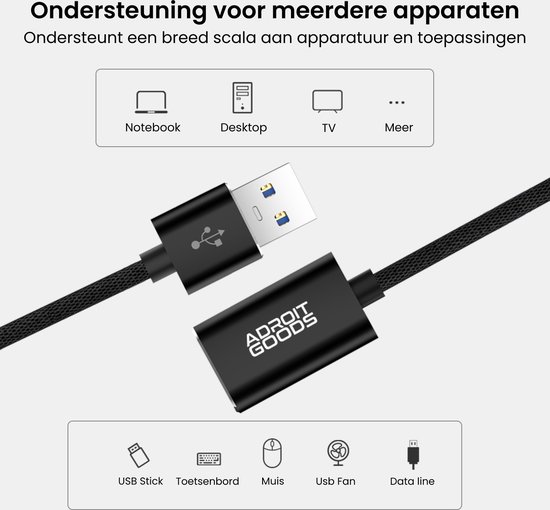 Câble d'extension USB AdroitGoods 2 mètres - USB 3.0 - Zwart