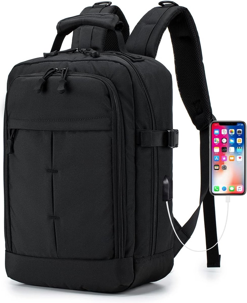 Laptop tas zwart 40x20x25 Reisrugzak met USB-oplaadpoort voor Laptop 15.6 inch handbagage rugzak, vliegtuig, reistas