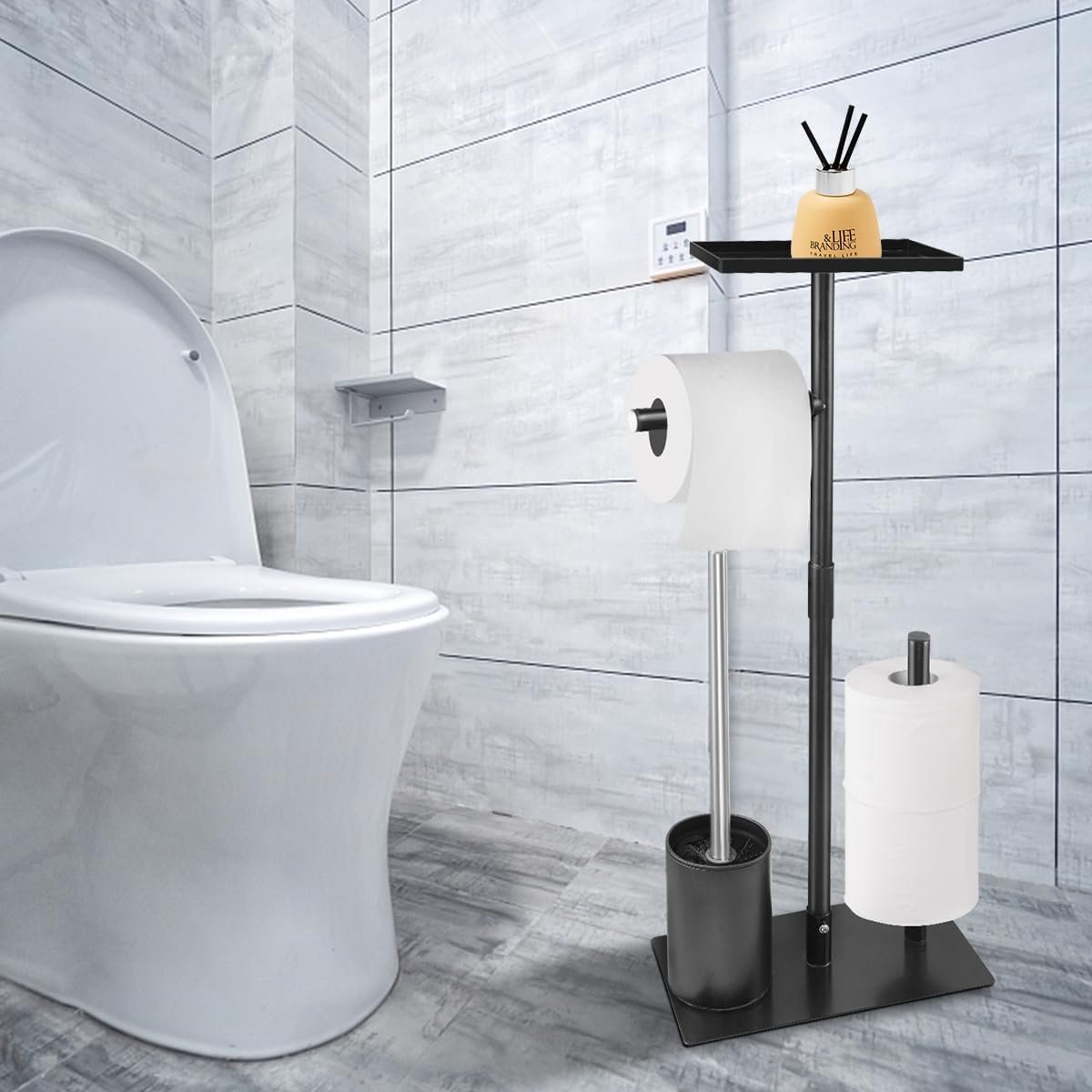 Porte Papier Toilette Sur Pied YIGII – Avec étagère, Stockage 4 Rouleaux, Noir