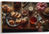 Hout - Eten - Drinken - Thee - Brood - Fruit - Bloemen - Bestek - 90x60 cm - 9 mm dik - Foto op Hout (Met Ophangsysteem)
