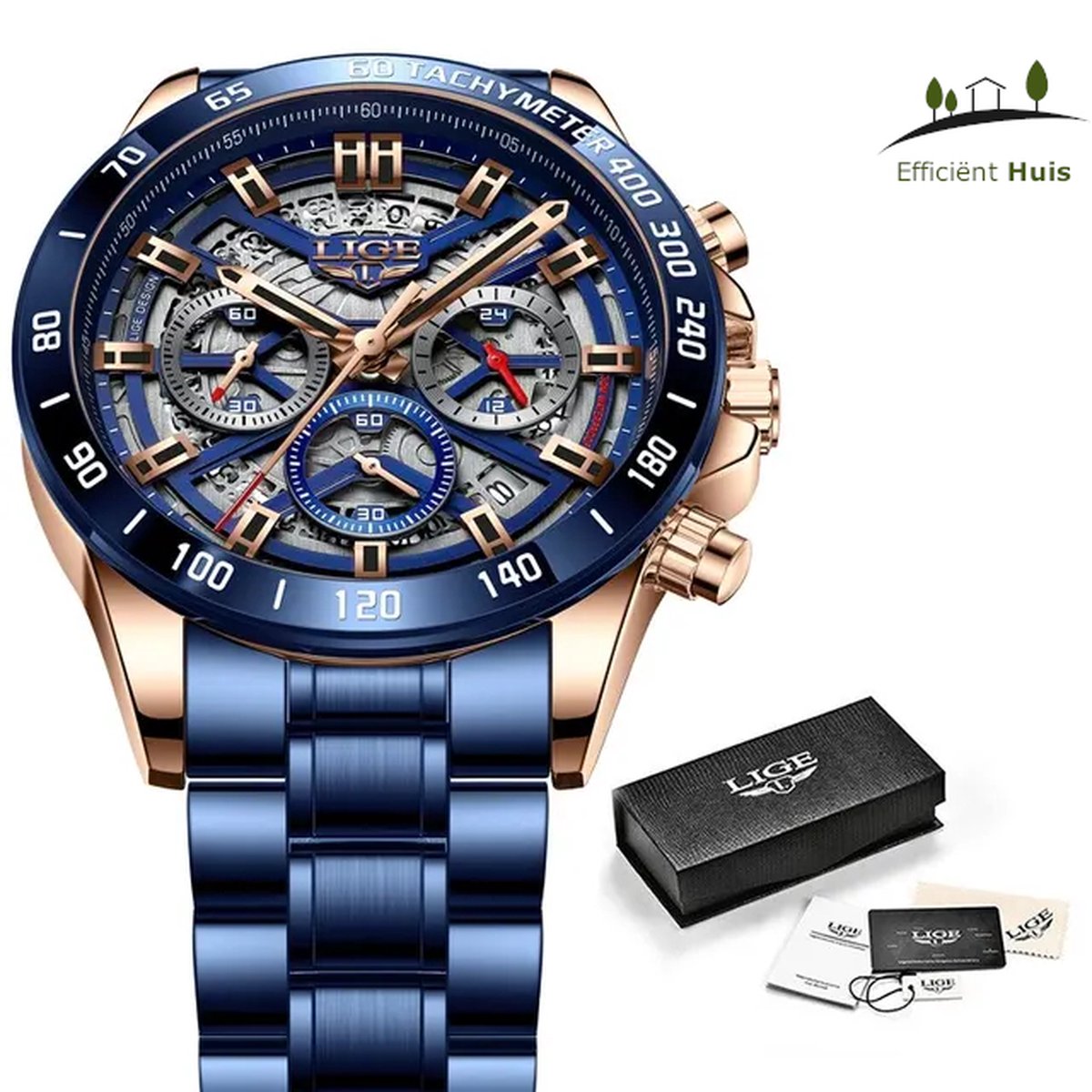 Lige Heren Horloge - Goud Blauw - Quartz Horloge - Waterdicht 30m - 44mm