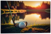 Dibond - Golf - Golfbal - Golfclub - Zonsondergang - Gras - Water - 60x40 cm Foto op Aluminium (Wanddecoratie van metaal)