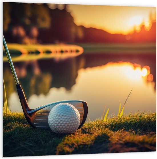 PVC Schuimplaat- Golf - Golfbal - Golfclub - Zonsondergang - Gras - Water - 100x100 cm Foto op PVC Schuimplaat