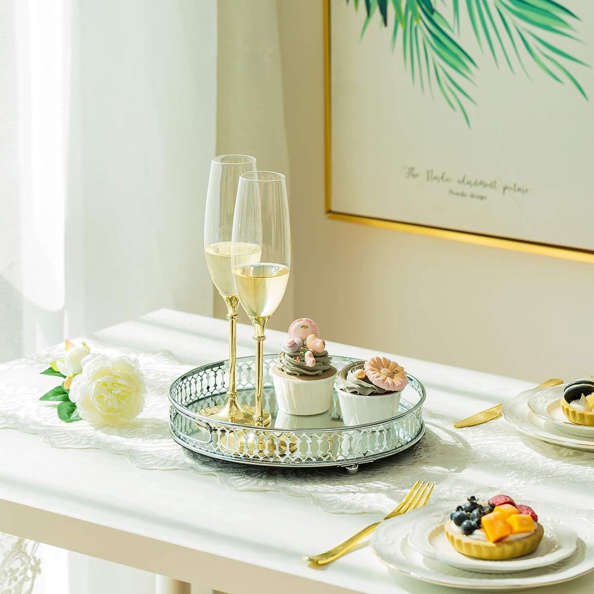 Goedkoopste Spiegelbakje, parfumbakje, kaarsenbakje, decoratief bakje, tafel, versierd, wastafelbakje, metalen spiegelbakje, organisator, make-up, lade voor dressoir, badkamer, slaapkamer