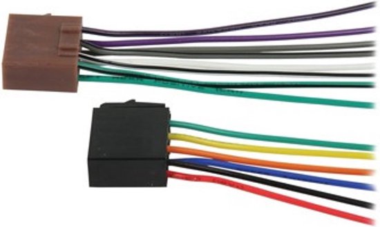 Set van twee ISO-connectoren voor autoradio's, één bruin en één zwart, met kleurgecodeerde draden.