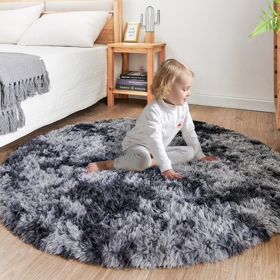 tapijt, rond, pluizig tapijt voor woonkamer, moderne woonkamer, meisjes, zacht en pluizig tapijt voor de slaapkamer, kindermat (donkergrijs, Ø 120 cm slaapkamer, rond)