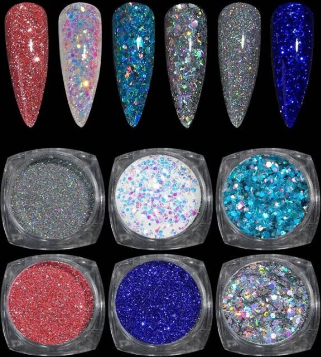 Goedkoopste GUAPÀ® Nagel Glitters | Nail Art | Diverse nagel decoratie | 6 Stuks glitters | Rood / Blauw / Zilver | Nagel Decoratie Strass