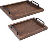 Rustic Wooden Trays with Handle - Set of 2-Decorative Nesting Food Board Platters for Breakfast, Coffee Table/Butler (Large 15.8x11.8x1.2", Small 13.4x9.4x1.2")
