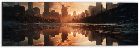 Dibond - Stad - Gebouwen - Water - Wolken - Weerkaatsing - 60x20 cm Foto op Aluminium (Wanddecoratie van metaal)