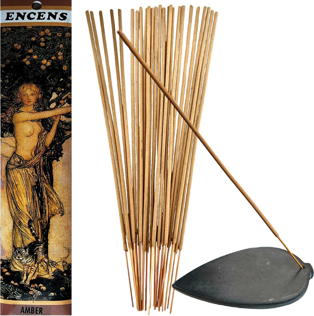 Wierookhouder speksteen blad 13 cm & Wierook Amber 40 Stokjes