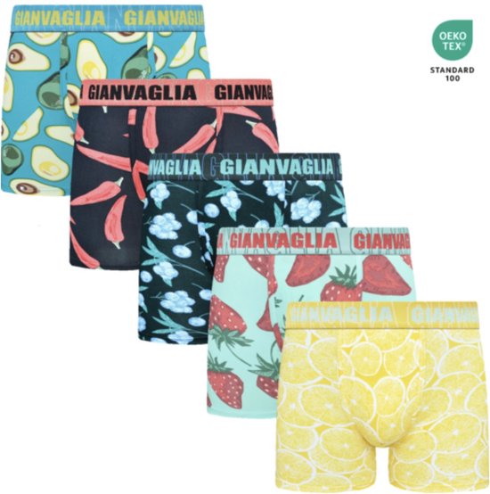 Vijf paar Gianvaglia boxershorts: met avocado-, peper-, bloemen-, aardbeien- en citroenprint. Oeko-Tex gecertificeerd.