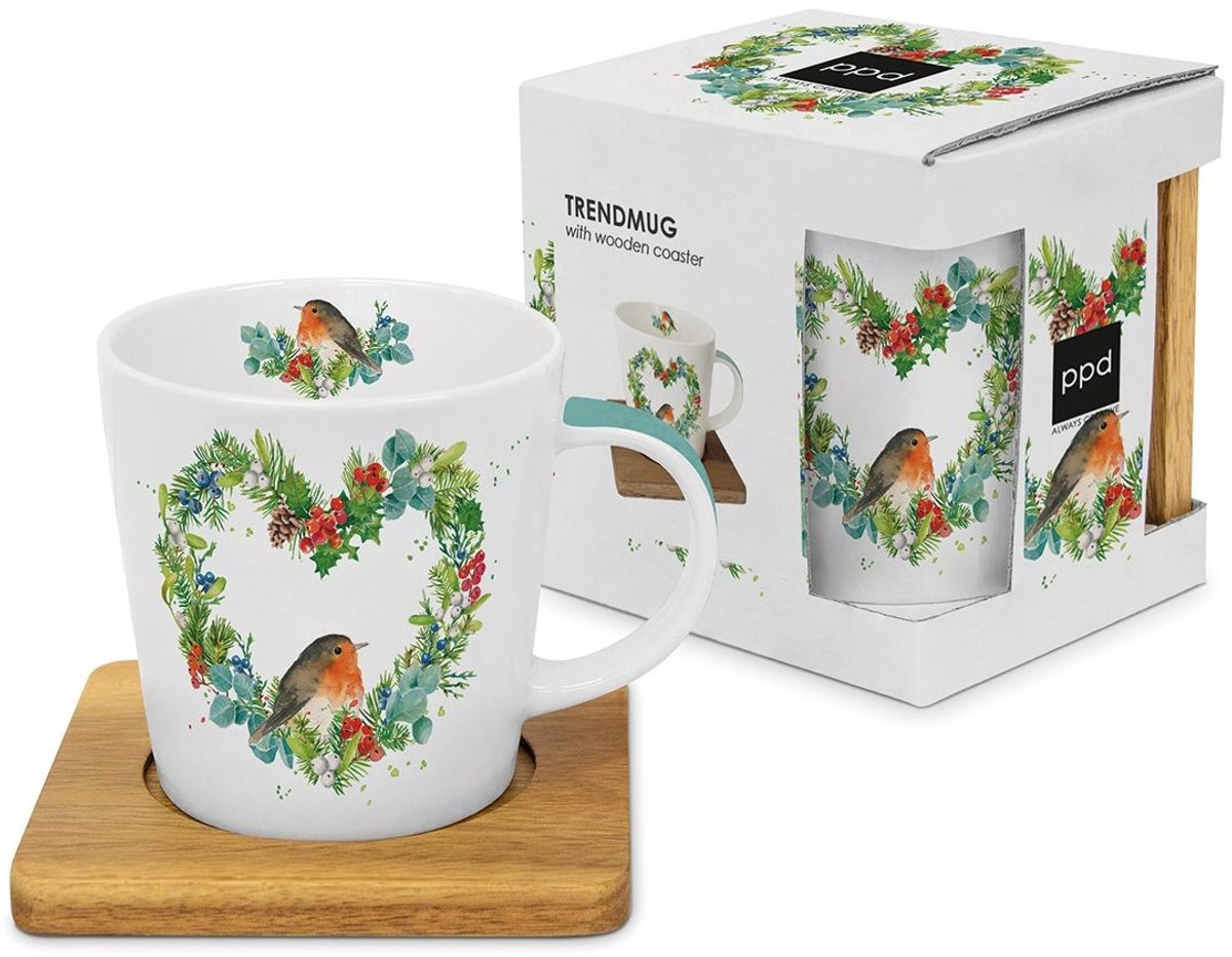 Mok Robin Heart nature met houten onderzetter - PPD - porselein -acacia onderzetter - kado - kadoverpakking - kerst