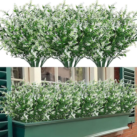 12 bundels kunstbloemen buiten kunstbloemen UV-bestendige struiken planten voor het ophangen van plantenbakken thuis bruiloft veranda raam tuindecoratie (wit)
