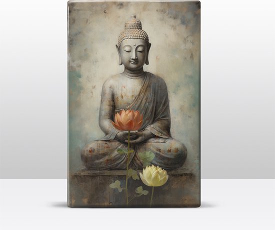 Buddha met bloemen - Laqueprint - 19,5 x 30 cm - Niet van echt te onderscheiden handgelakt schilderijtje op hout - Mooier dan een print op canvas. - LW521
