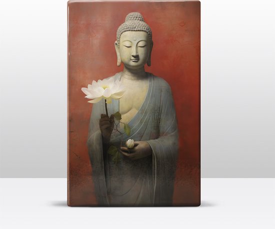 Buddha met bloemen - Mini Laqueprint - 9,6 x 14,7 cm - Niet van echt te onderscheiden handgelakt schilderijtje op hout - Mooier dan een print op canvas. - LWS526