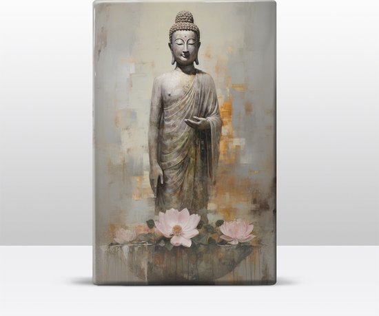 Buddha met bloemen - Laqueprint - 19,5 x 30 cm - Niet van echt te onderscheiden handgelakt schilderijtje op hout - Mooier dan een print op canvas. - LW513
