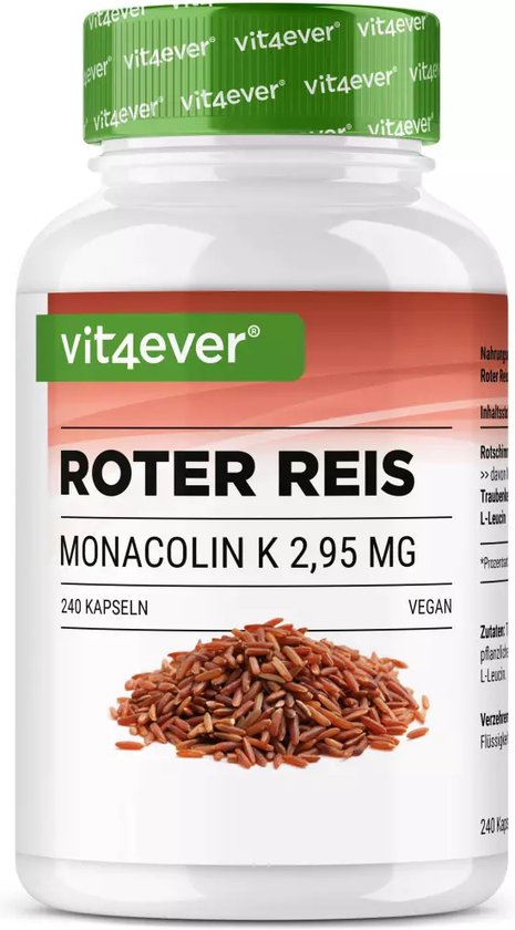 Vit4ever - Rode rijstextract - 240 capsules - Premium: 2,95 mg Monacolin K + druivenpitpoeder + L-leucine - hoge dosis - vegan