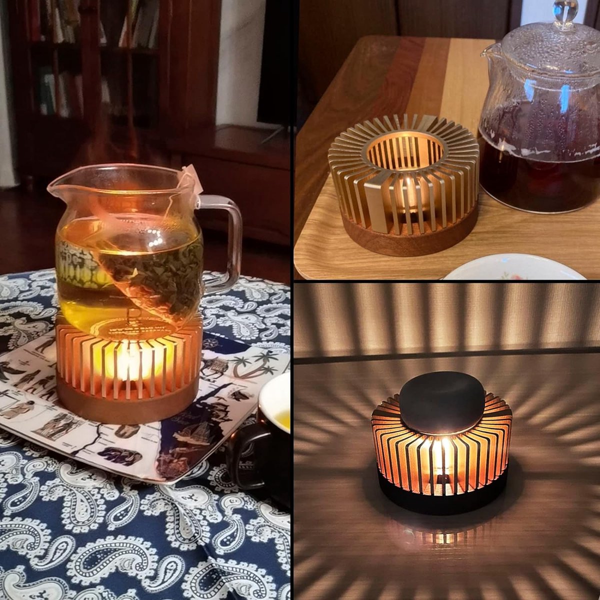 Stoofje van hoogwaardig geanodiseerd aluminium en hout, theewarmer, koffiewarmer, theelichtje, theepotenverwarmer, staat veilig en zorgt voor een aangenaam extra licht