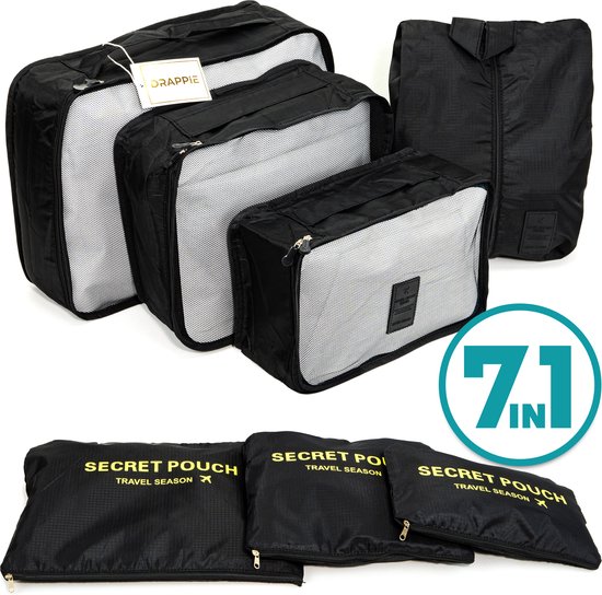 Drappie 7-Delige Packing Cubes (Zwart) - Koffer Organizer Set - Bagage Organizers - Compression Cube Tassen - Travel Backpack Kleding Zakken