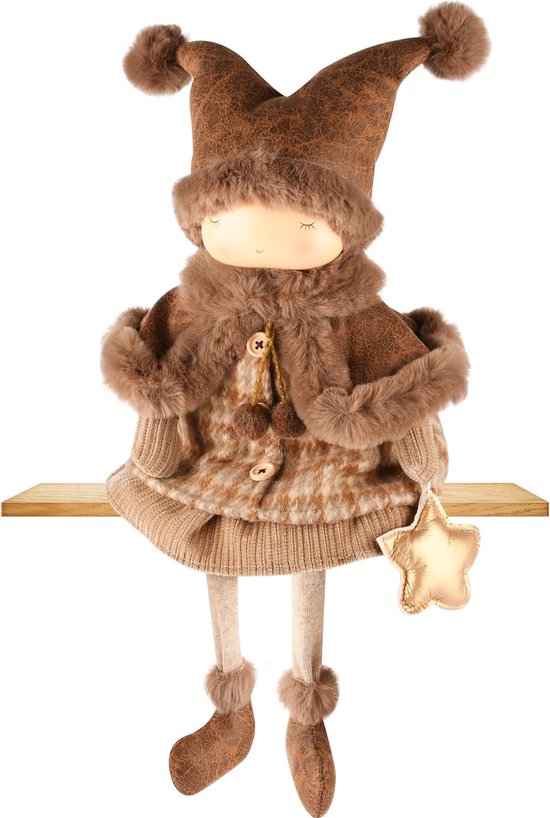 Décoratif | Poupée d'hiver assise avec étoile, marron, résine/tissu, 24x14x50cm | A235710