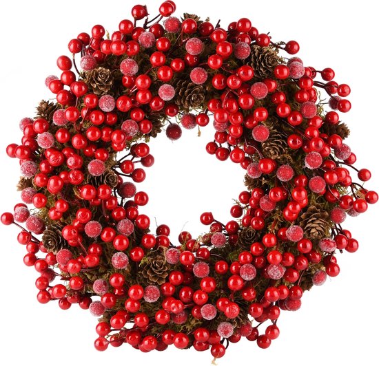 Décoratif | Couronne avec baies/pommes de pin, rouge/naturel, 34x34x7cm | A235620