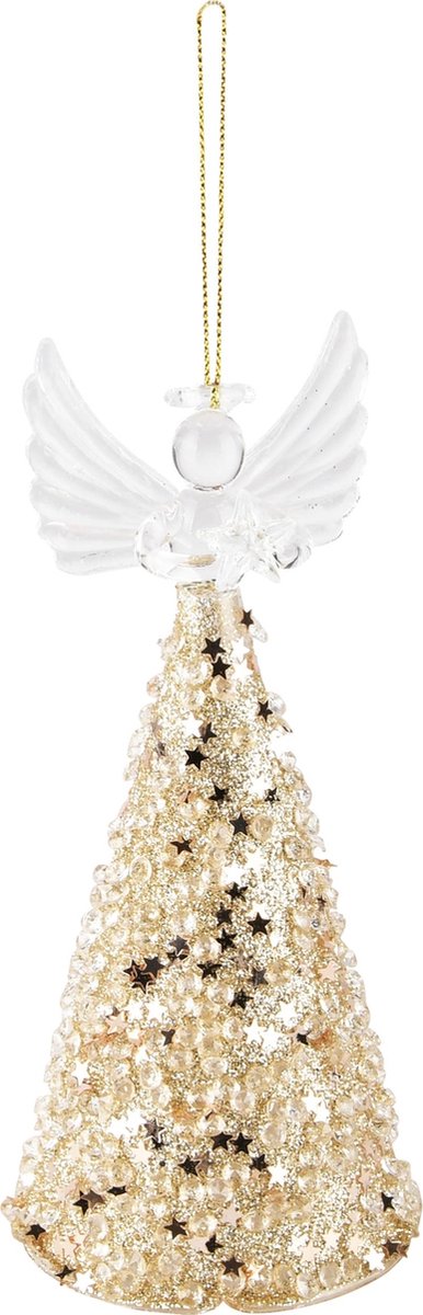 Dekoratief | Hanger engeltje m/sterretjes, transparant/goud, glas, 7x7x14cm | A235439