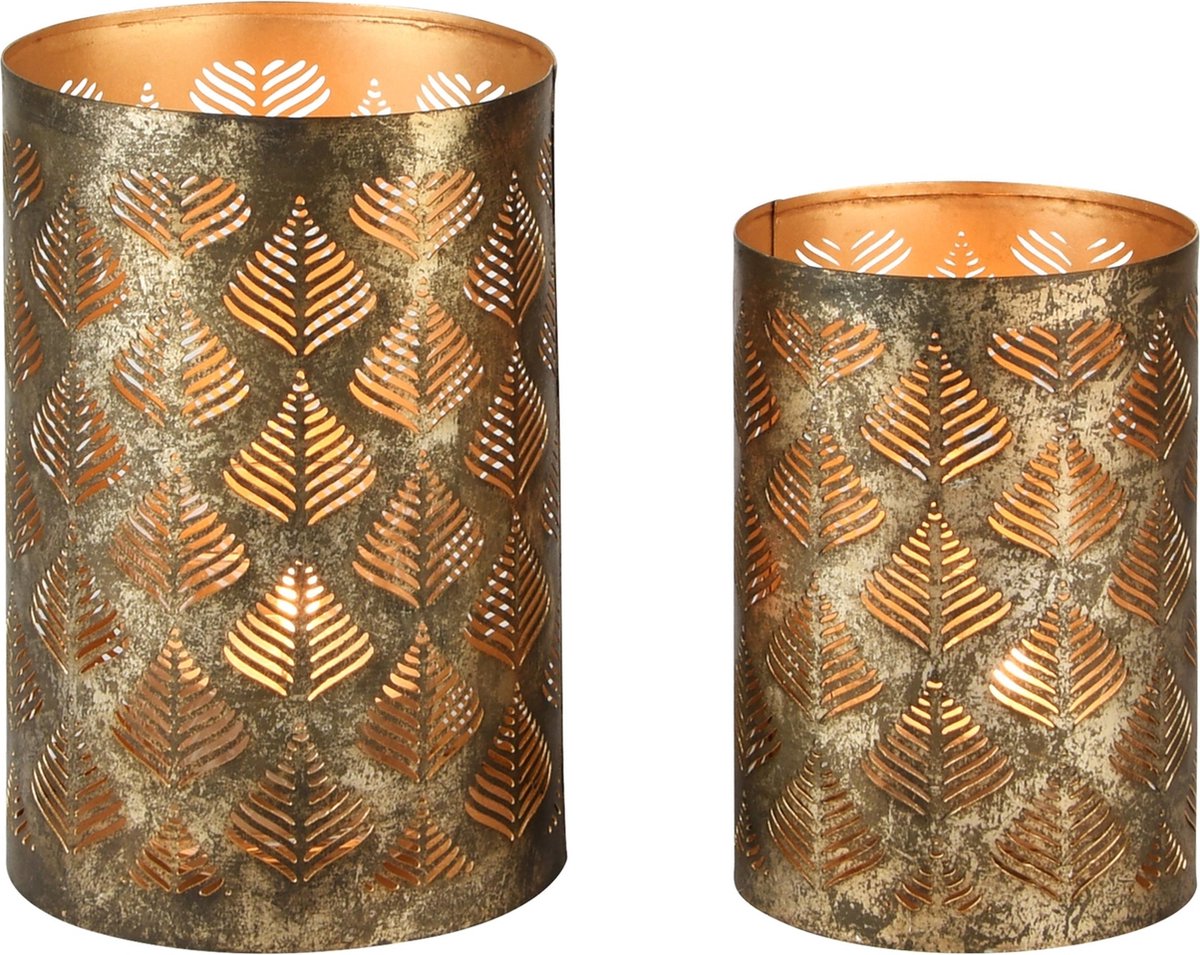 Dekoratief | Set 2 Waxinelichthouders 'Spiral Leafs', metaal, 12x12x18cm | A238200