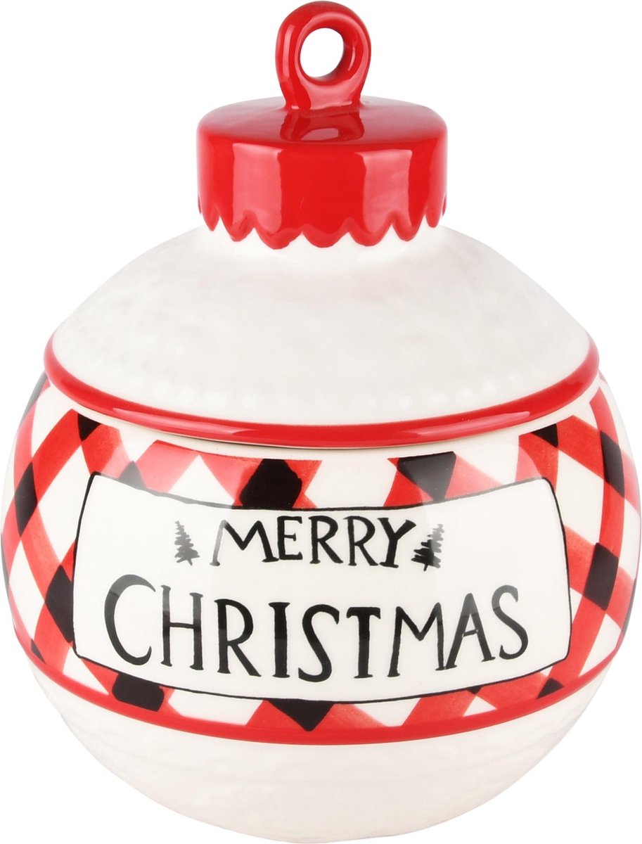 Dekoratief | Bewaarpot kerstbal 'Merry Christmas', wit/rood, keramiek, 16x16x20cm | A235852