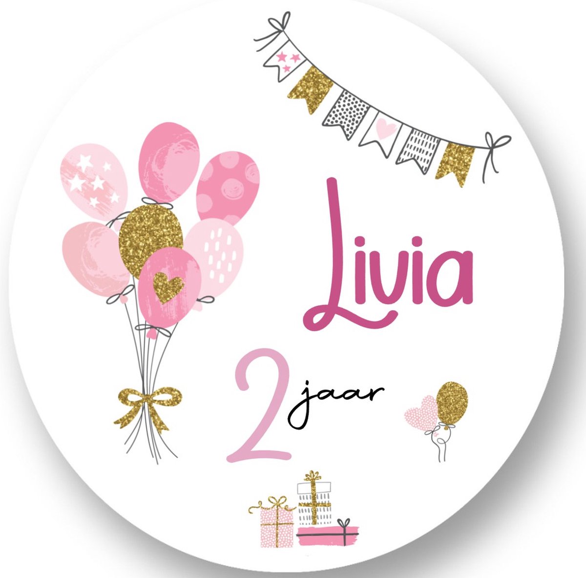 20 x Ballonnen Stickers met Naam Leeftijd - Verjaardag Meiden - Roze - Balloons - Gepersonaliseerd - Sluitstickers - Kinderfeest Traktatie - Uitdelen - Uitdeeltraktatie - Wensetiket - Rond - 40mm - Glossy sticker