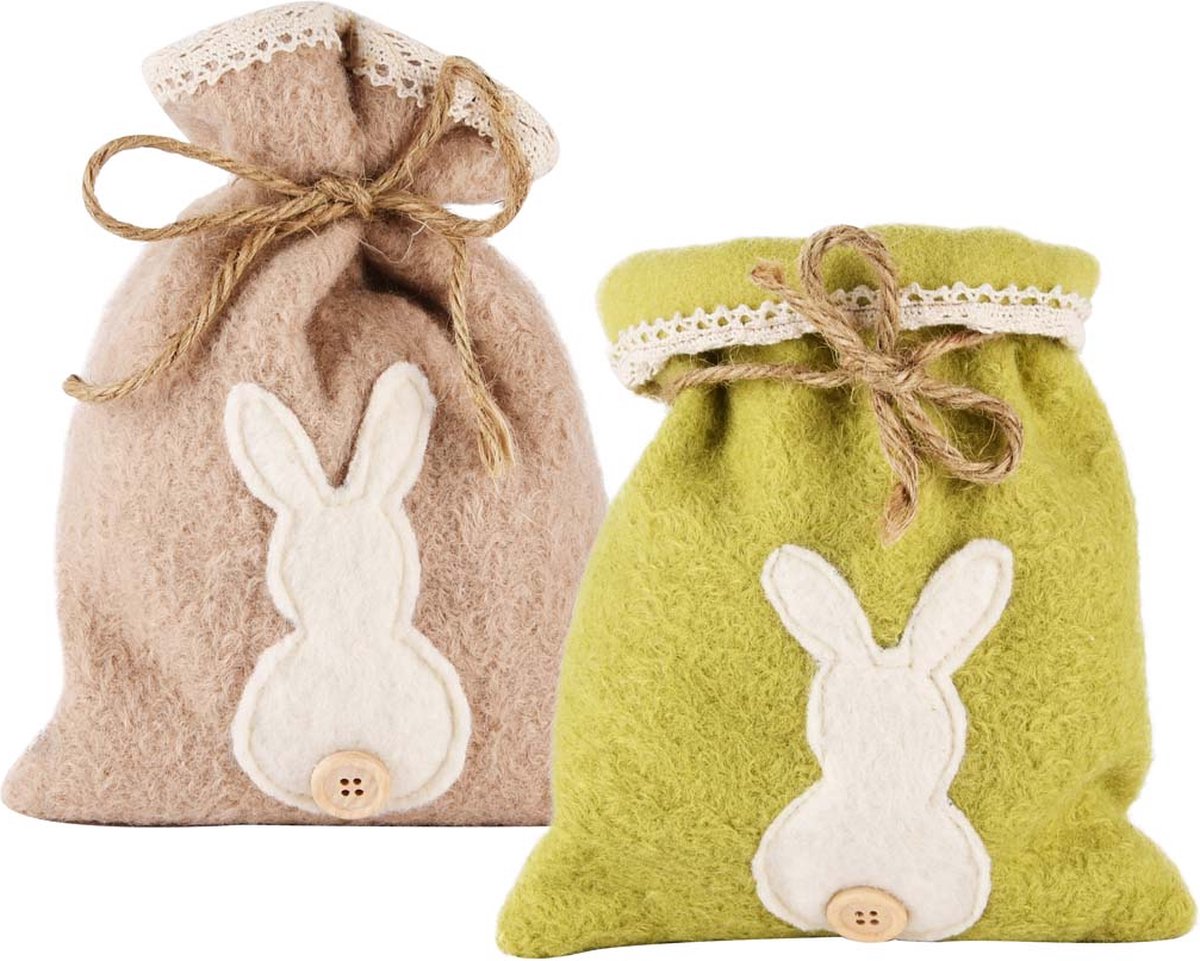 Dekoratief | Zakje m/bunny, groen/roze, 17x4x20cm, set van 2 stuks | A210091