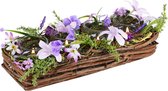 Dekoratief | Tafelstukje lang m/paarse bloemen, naturel, 32x13x9cm | A220472