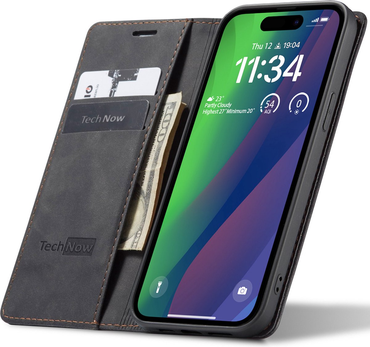 Hoesje geschikt voor iPhone 15 - Book Case Leer Slimline Zwart