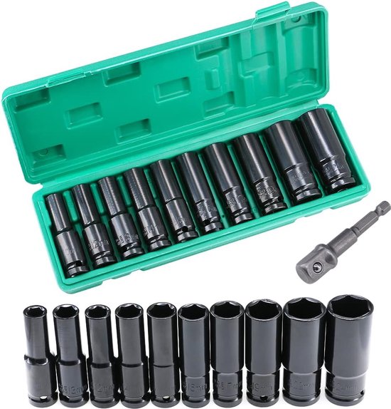 Ejoyous 16-delige Slagmoersleutelset – 1/2 Inch Aandrijving – Zeskantige Doppen 10-32 Mm – Chroom-molybdeen Staal – In Opbergkist – Voor Autoreparatie En Zwaar Gebruik
