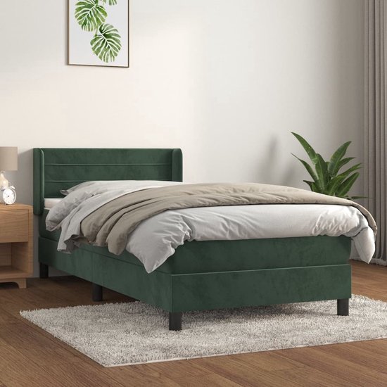 The Living Store Lit à sommier tapissier - Velours - Ressorts ensachés - Support moyen - Vert foncé - 203x93x78/88 cm - Incl - tête de lit et surmatelas