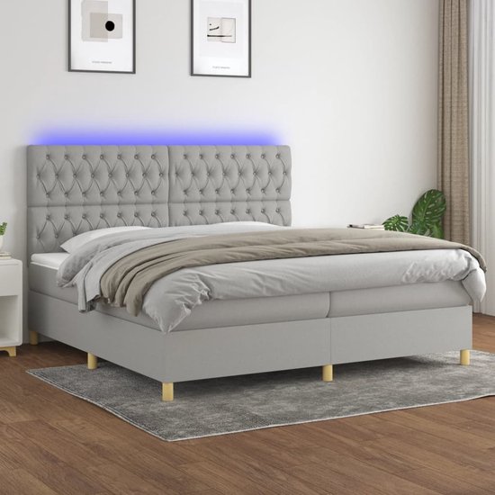 The Living Store Boxspring Bed - Lichtgrijs - 203x200x118/128cm - Met verstelbaar hoofdbord - LED verlichting - Pocketvering matras - Huidvriendelijk topmatras - Inclusief montagehandleiding