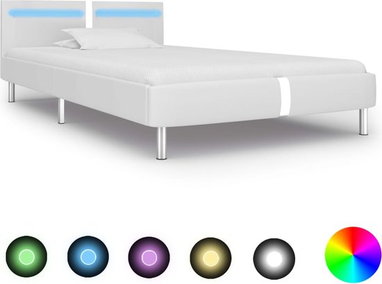 The Living Store Bedframe LED 90x200 cm - Wit - Hout en staal - Inclusief kleurveranderende LED-strip