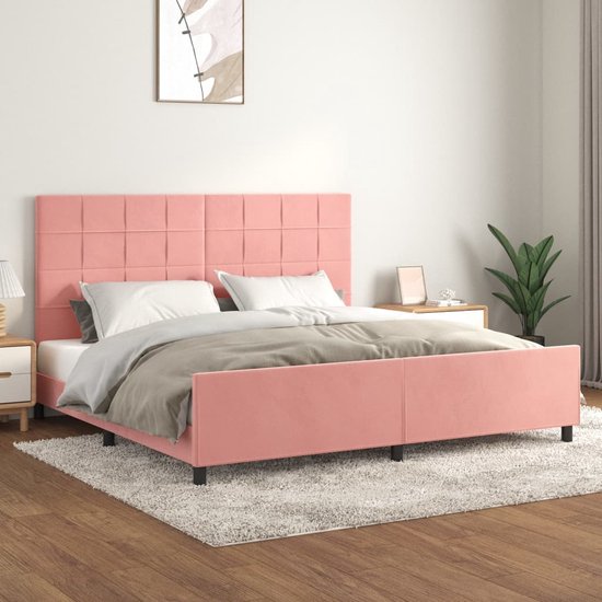 The Living Store Bedframe - Roze Fluweel - Verstelbare Hoogte - Ondersteunende Poten - Multiplex Lattenbodem - Comfortabele Ondersteuning