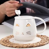 Witte kattenmok, schattige Kitty keramische koffiemok met roestvrijstalen lepel, nieuwe koffiemok voor kattenliefhebbers, vrouwen en meisjes