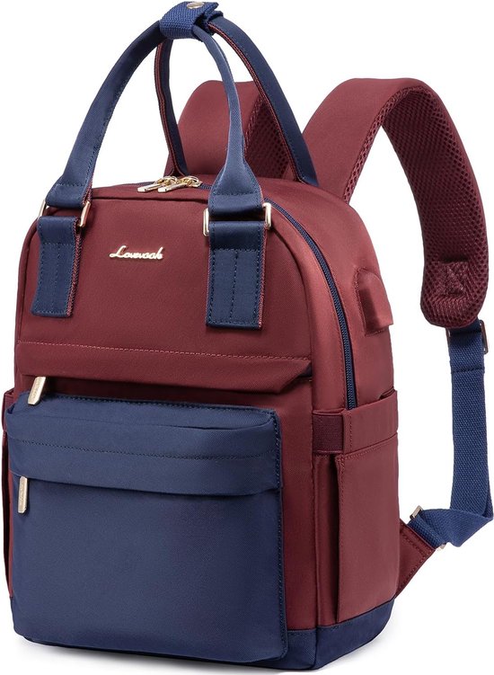 Petit sac à dos avec port de chargement USB - Rouge/bleu - 23 x 31 x 12,7 cm - Sac à dos femme avec compartiment pour tablette - Résistant à l'eau - 9 L