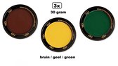 3x Set PXP Professional Colors peinture pour le visage marron/jaune/vert 30 grammes - Peinture pour le visage fête d'anniversaire festival soirée à thème
