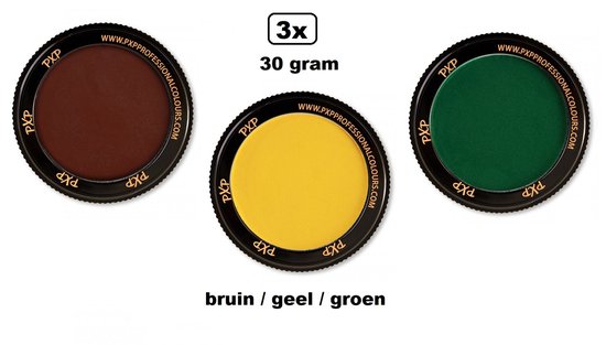 3x Set PXP Professional Colours schmink bruin/geel/groen 30 gram - Schminken verjaardag feest festival thema feest