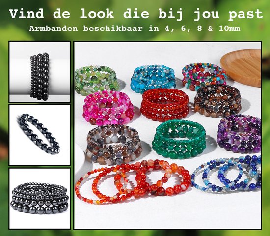 Assortiment van gekleurde edelsteen armbanden in diverse maten, waaronder zwarte hematit kralen.