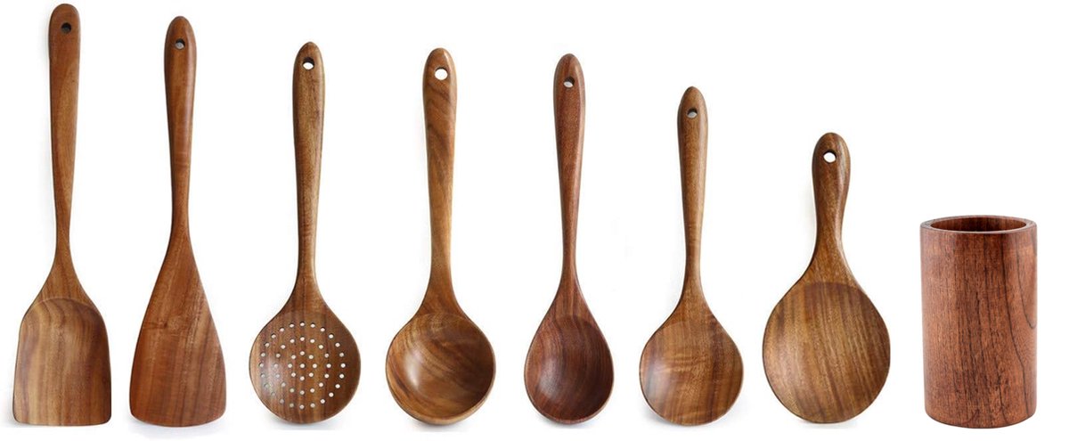 Oliva's - Keukengerei set met houder - Keukenset met o.a. spatels en opscheplepels - 8 delig - Hout