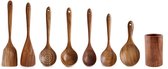 Oliva's - Ensemble d'ustensiles de cuisine avec support - Ensemble de cuisine comprenant spatules et cuillères de service - 8 pièces - Bois